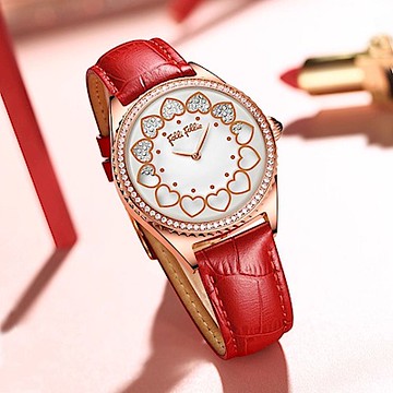 Folli Follie 34毫米 時來運轉 愛心水晶旋轉錶盤  鱷魚壓紋真皮腕錶(玫瑰金x紅 FF402223)