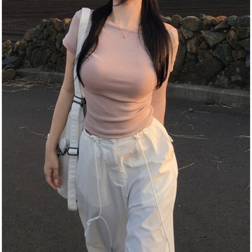 🇰🇷Korea韓國連線·正韓 方領露背螺紋短袖T 短袖上衣 短袖T恤 螺紋上衣 短版上衣 露背上衣 韓國女裝 W&W