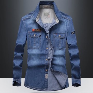 春秋衣服牛仔長袖襯衫男大碼軍工裝2018新款男裝純棉男士休閑襯衣