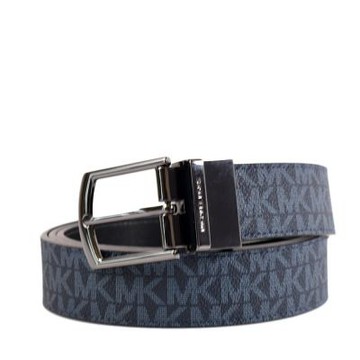 MICHAEL KORS 男款 金屬鏤空LOGO緹花雙面用寬版皮帶-藍/黑
