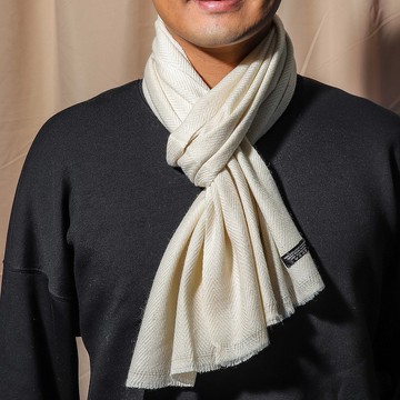 【窄版】喀什米爾羊毛圍巾 米白色斜紋 脖圍 手工編織 男女可