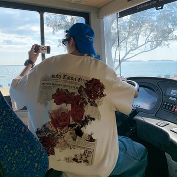 玫瑰印花320g重磅短袖t恤男款夏季oversize美式復古潮牌潮流體恤