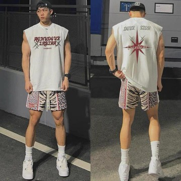 【二十三歲】臺灣出貨220克重磅純棉美式街頭風hiphop字母印花背心男夏季坎肩無袖上衣