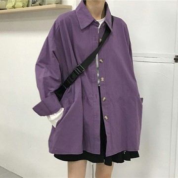 古著ins長袖襯衫女2020新款春秋鹽系很仙的薄款外套小眾紫色上衣
