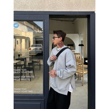 (免運)OXFREAK「純色 下擺拉鏈開叉」純棉圓領加絨衛衣男寬松秋冬長袖
