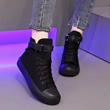 新款2025黑色高幫帆布鞋女板鞋子內增高加絨大碼中邦款秋冬休閑41