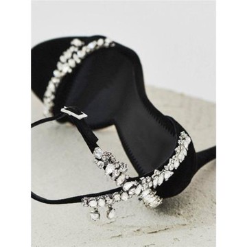 手工縫制水鉆一字帶涼鞋女黑色法式高跟鞋細跟性感時尚百搭高級感