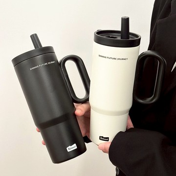【隔日配】304不鏽鋼雙飲冰霸杯 900ml/720ml 帶手把隨行杯 保溫保冷杯 真空吸管水杯 質感黑白