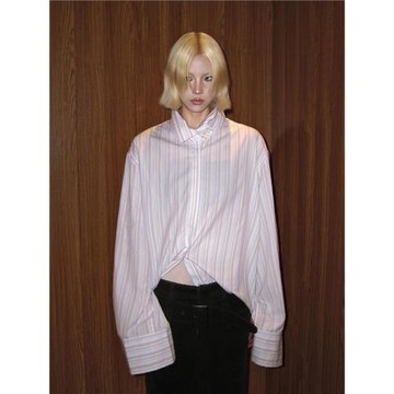 Turn up/陳腿兒 辣妹藍白條紋立領撞色花邊寬松落肩長袖襯衫外套