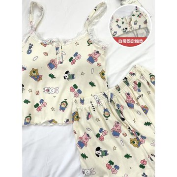 帶胸墊睡衣女夏天季涼感莫代爾吊帶短褲套裝性感純欲風少女家居服