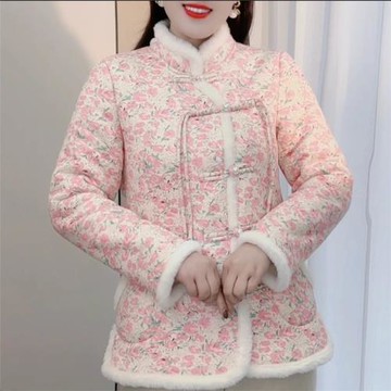 高檔冬季新款加絨保暖棉服外套中式碎花棉襖女國風盤扣立領小棉衣