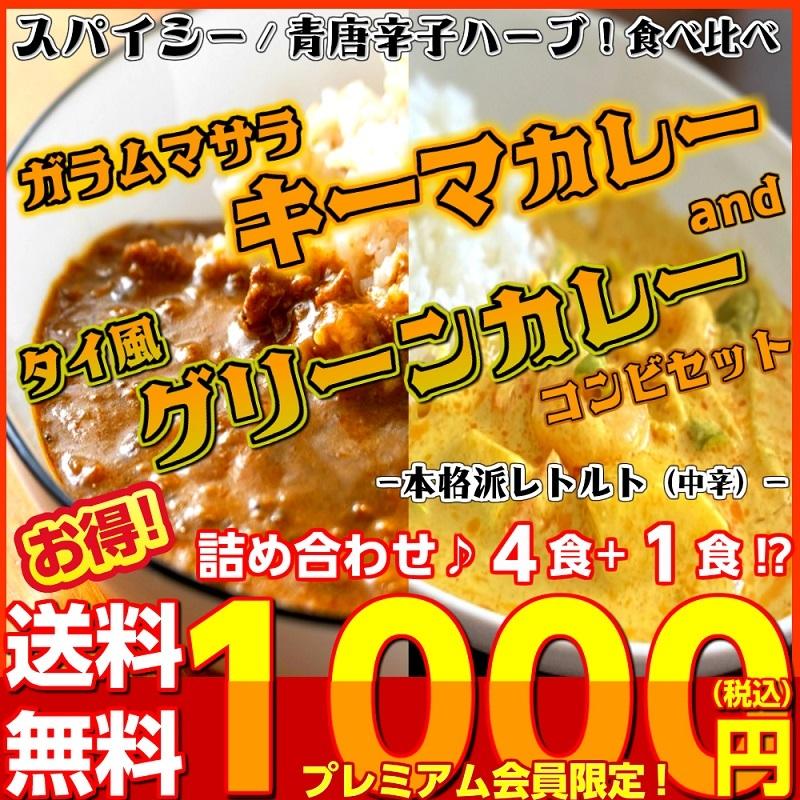 キーマカレー　＆　タイ風グリーンカレー　会員価格1000円　4食＋1食セット　本格派レトルト　スパイス　お取り寄せ　メール便商品　お試しグルメギフト