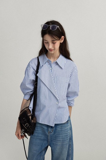 北歐作家 / 復古書頁褶邊襯衫 / 色織條紋