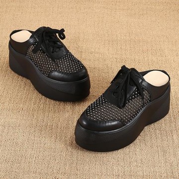 厚底包頭半拖鞋女夏外穿新款真皮網紗時尚高跟一腳蹬懶人松糕拖鞋