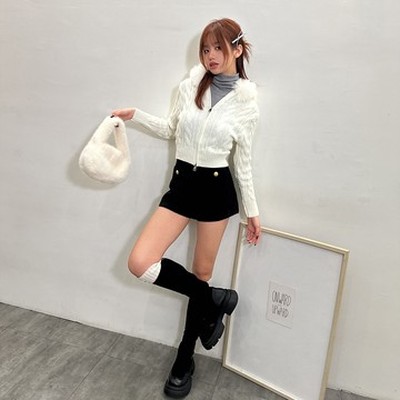 麻花雙拉鍊毛帽毛衣-白【KT281101】