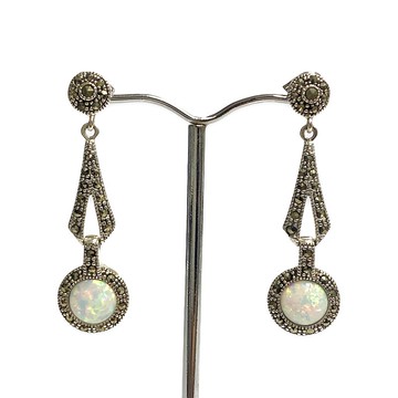 維多利亞風格 Gilson 蛋白石與白鐵礦長耳墜 925 純銀