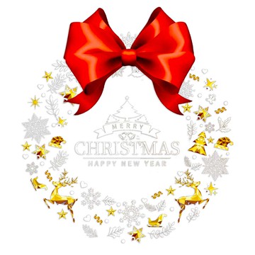 摩達客耶誕 5號紅色蝴蝶結麋鹿聖誕花圈-靜電玻璃貼