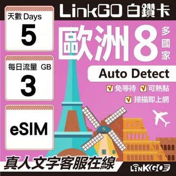 LINKGO白鑽卡 歐洲8國 eSIM卡 5天上網卡 每日3GB (歐洲網卡 法國 瑞典 奧地利 英國)