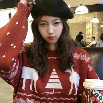 大碼復古紅色圓領毛衣女寬松外穿2020秋季新款慵懶風薄款針織上衣