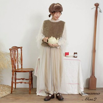 Samansa Mos2  【SET ITEM】木耳捲邊羅紋上衣+透明薄紗連身洋裝