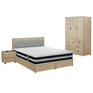 IHouse-沐森 房間5件組(床片+6分底+墊+衣櫃+邊櫃)雙大6尺古橡