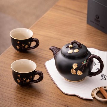李輝熠雅黑太湖石側把壺梅花壺知足壺一壺兩杯陶瓷茶具套裝泡茶壺