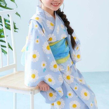 日本 devirock - 2way穿搭浴衣洋裝華麗4件組-可愛雛菊-藍白