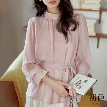 初色 氣質風簡約珍珠花邊收腰顯瘦綁帶立領長袖雪紡衫上衣女上衣-粉色-10962(M-2XL可選)