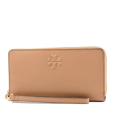 TORY BURCH THEA 浮雕LOGO荔枝紋拉鍊長夾-提拉米蘇棕/附活動卡夾