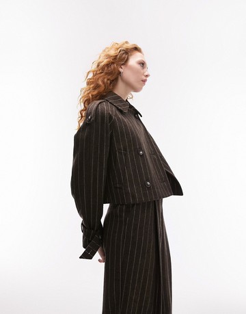 Topshop co-ord cropped wool trench in brown pinstripe