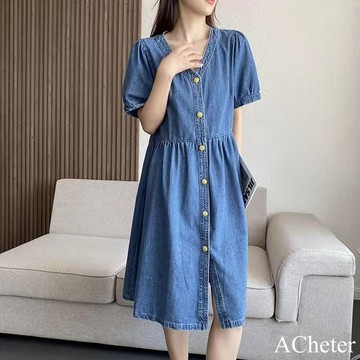 【ACheter】大碼穿搭短袖顯瘦遮肉牛仔連身裙中長版洋裝# 121224(現貨+預購)