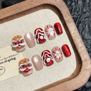 【滿300起送】紅色醒獅國風穿戴甲可愛卡通喜慶美甲顯白手工成品假指甲