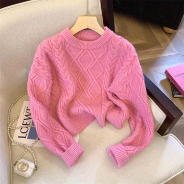 溫柔風軟糯粉色麻花毛衣女秋季季小個子短款針織衫獨特超好看上衣