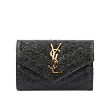 YSL 山形紋荔枝皮金字logo小卡/短夾/黑色