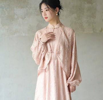 【清歡粉】新中式復古中國風 溫婉提花盤扣外披/旗袍