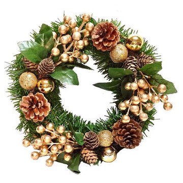 摩達客 耶誕金球果松果聖誕花圈 吊掛飾品  綠色 + 棕色 + 金色  10吋  1個
