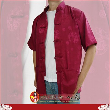 中國風男裝短袖唐裝上衣 優質純色復古綢緞一字扣中式男裝 中山裝漢服男青年時尚必備襯衫-吉祥雙龍(紫紅色)-水水女人國