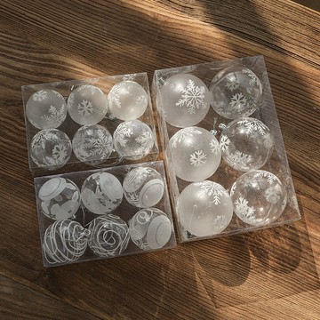 「聖誕節裝飾」6cm透明白色雪花塑料彩繪聖誕球聖誕樹裝飾掛件6個PVC盒裝