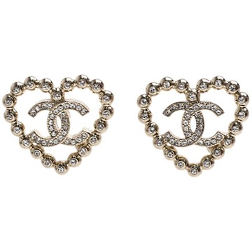 CHANEL 經典水鑽雙C LOGO愛心造型穿式耳環(金色)