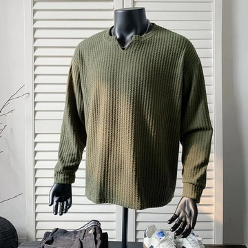 【秋冬】 男長袖上衣 t恤男軍綠色肌理感v領衛衣男款秋冬高級感內搭長袖t恤潮牌痞帥打底上衣