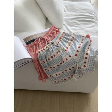 INS夏季冰感木耳邊草莓花卉短褲睡褲舒適清涼薄款螺紋柔軟家居褲