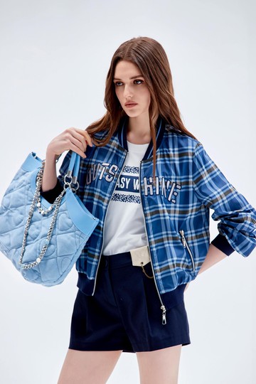 龍膽藍配色格紋夾克外套