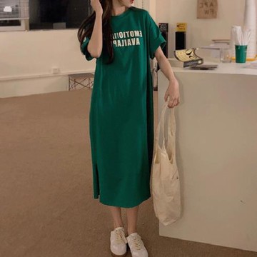 歐美式復古綠色加長版t恤女短袖開叉寬松休閑純棉孕婦懶人長裙夏