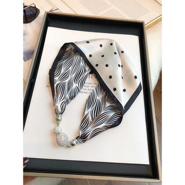 雙面雙色真絲絲巾磁扣項鏈長條巾吊墜秋冬100%桑蠶絲小領巾搭襯衫