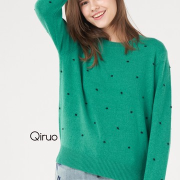 【Qiruo 奇若名品】專櫃綠色小羊毛上衣 精品時尚保暖(舒適圓領圓點造型-單色-2007A-70)
