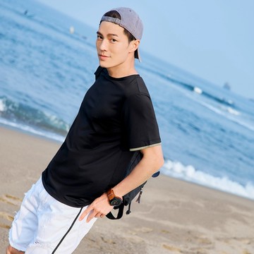 OB嚴選-涼感．冰咖啡沙撞色拼接素色短袖上衣