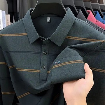 【強推】新款長袖條紋POLO衫 長袖T卹男士條紋翻領棉T卹中老人爸爸裝體恤衫 透氣涼爽 休閒打底衫 商務衫 翻領長袖