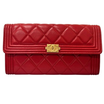 【二手名牌BRAND OFF】CHANEL 香奈兒 紅色 羊皮 菱格紋 CHANEL BOY 扣式長夾