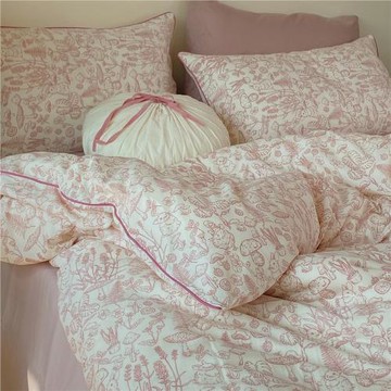 A類母嬰級森系田園碎花兔子全棉雙層紗四件套純棉包邊被套床單