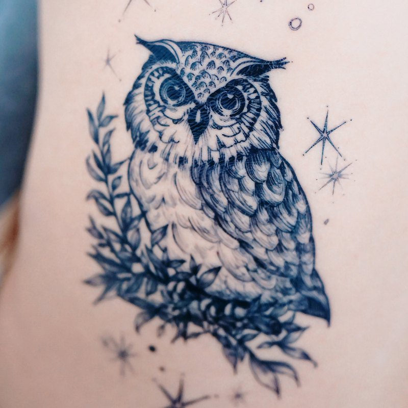 Night Owl Tattoo 貓頭鷹刺青紋身貼紙 插畫風森林鳥動物紋身刺青